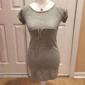 Gray dress with with diamonds and beads on sleeves